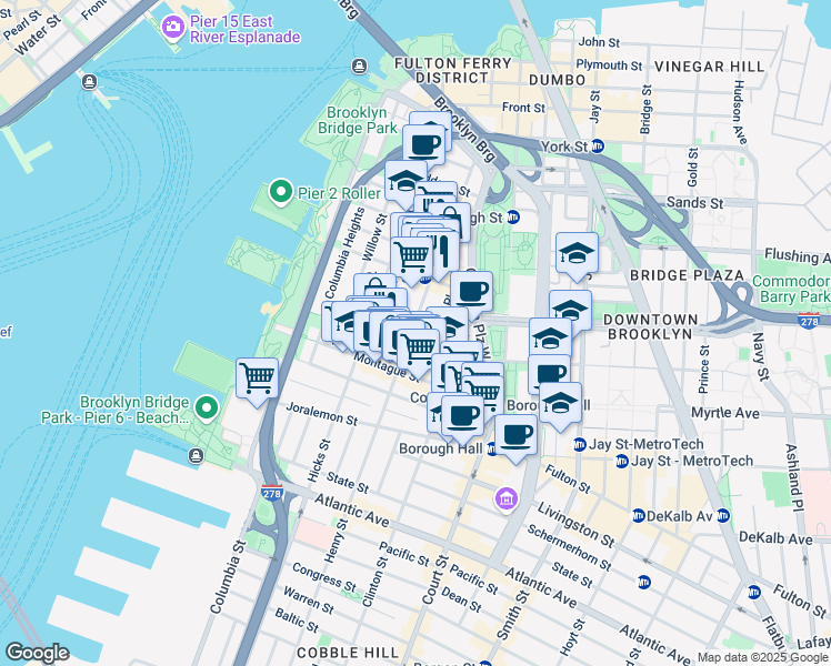 map of restaurants, bars, coffee shops, grocery stores, and more near 138 Henry Street in Brooklyn