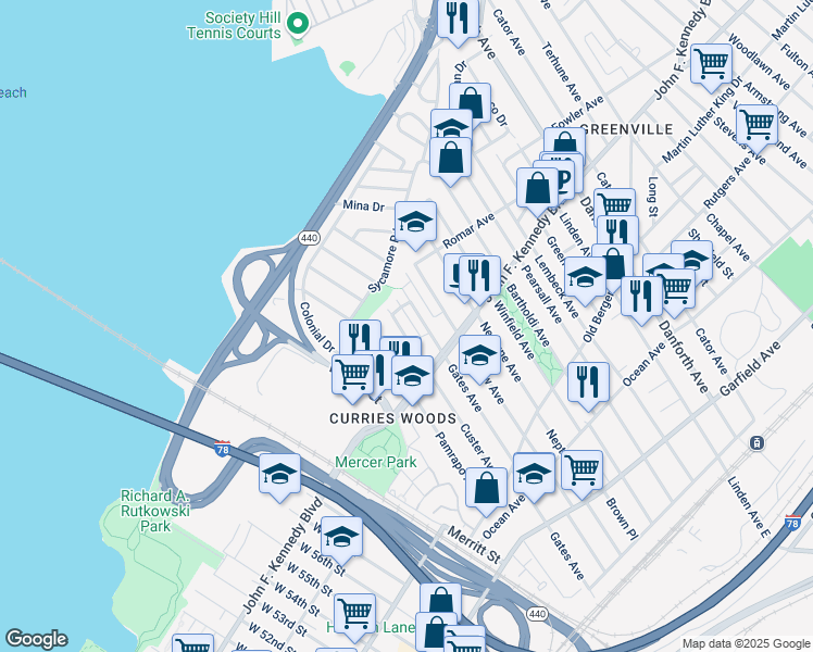 map of restaurants, bars, coffee shops, grocery stores, and more near 284 Custer Avenue in Jersey City