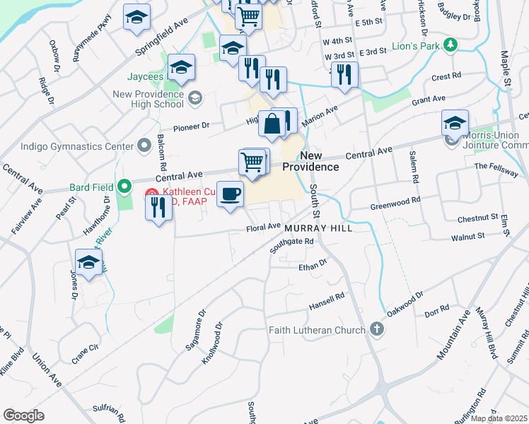 map of restaurants, bars, coffee shops, grocery stores, and more near 19 Murray Hill Manor in New Providence