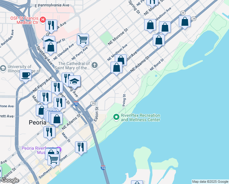 map of restaurants, bars, coffee shops, grocery stores, and more near 702-788 Northeast Adams Street in Peoria