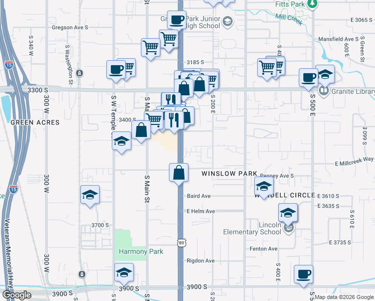 map of restaurants, bars, coffee shops, grocery stores, and more near 3469 Bellrock Place in South Salt Lake