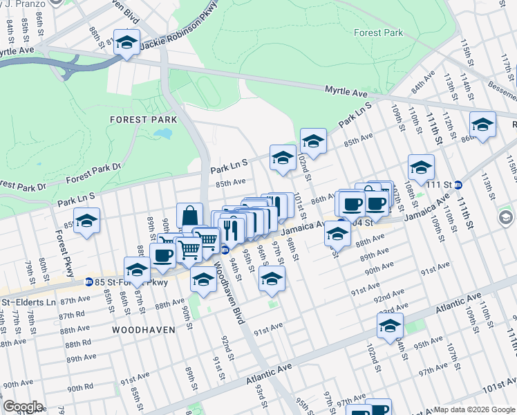 map of restaurants, bars, coffee shops, grocery stores, and more near 85-27 96th Street in Queens
