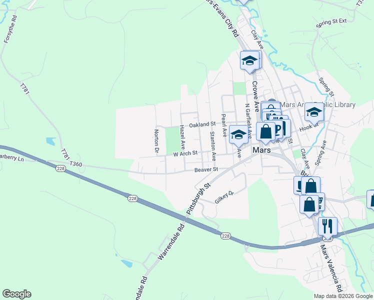 map of restaurants, bars, coffee shops, grocery stores, and more near 720 Pine Avenue in Mars
