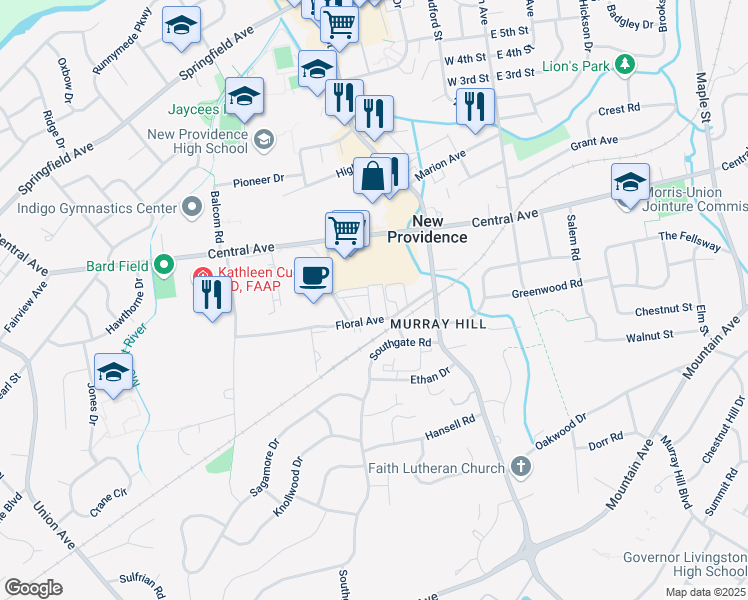 map of restaurants, bars, coffee shops, grocery stores, and more near 1 Murray Hill Square in New Providence