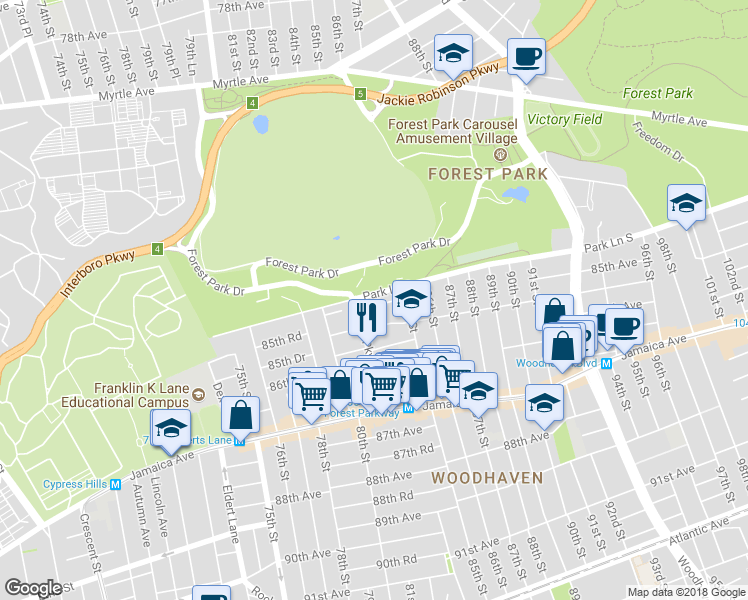 map of restaurants, bars, coffee shops, grocery stores, and more near 84-19 85th Avenue in Queens