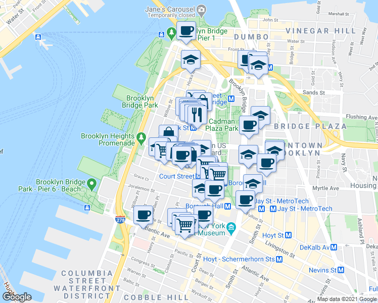 map of restaurants, bars, coffee shops, grocery stores, and more near 153 Henry Street in Brooklyn