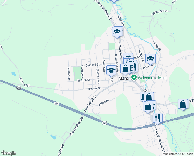 map of restaurants, bars, coffee shops, grocery stores, and more near 10 Adams Ridge Boulevard in Mars