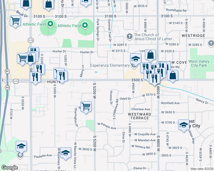 map of restaurants, bars, coffee shops, grocery stores, and more near 3525 South Carnegie Lane in West Valley City