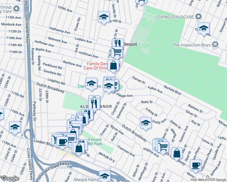 map of restaurants, bars, coffee shops, grocery stores, and more near 18 Village Avenue in Elmont