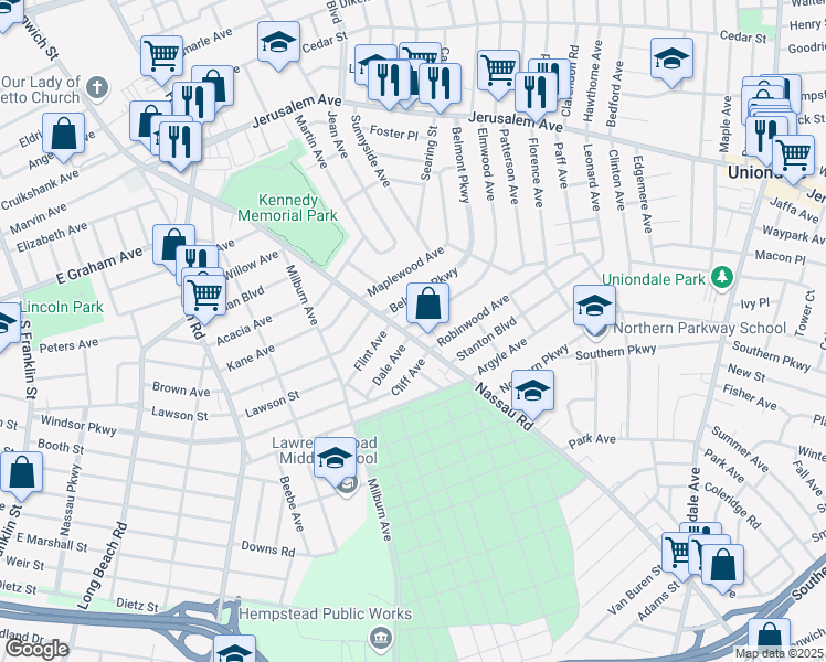 map of restaurants, bars, coffee shops, grocery stores, and more near 533 Greenwich Street in Hempstead