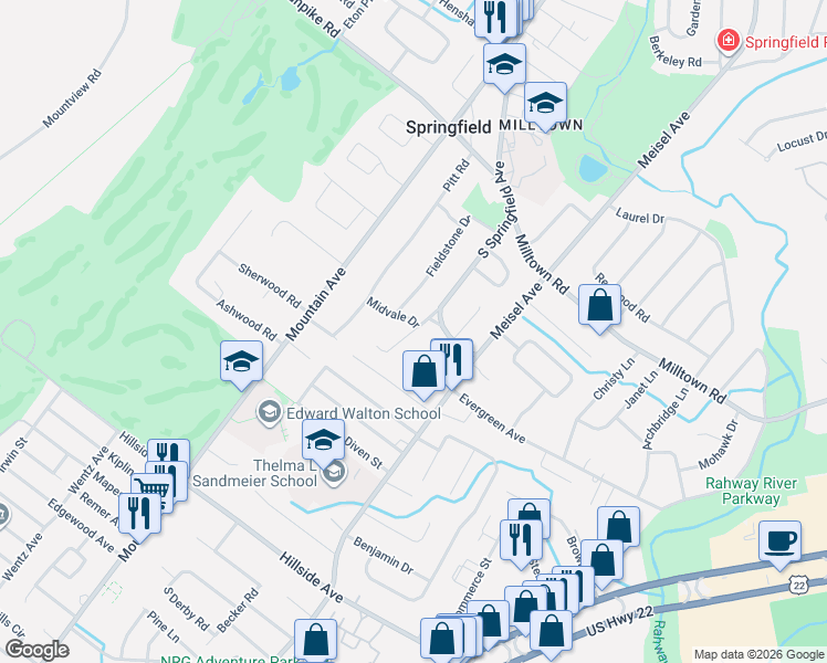 map of restaurants, bars, coffee shops, grocery stores, and more near 123 Fieldstone Drive in Springfield