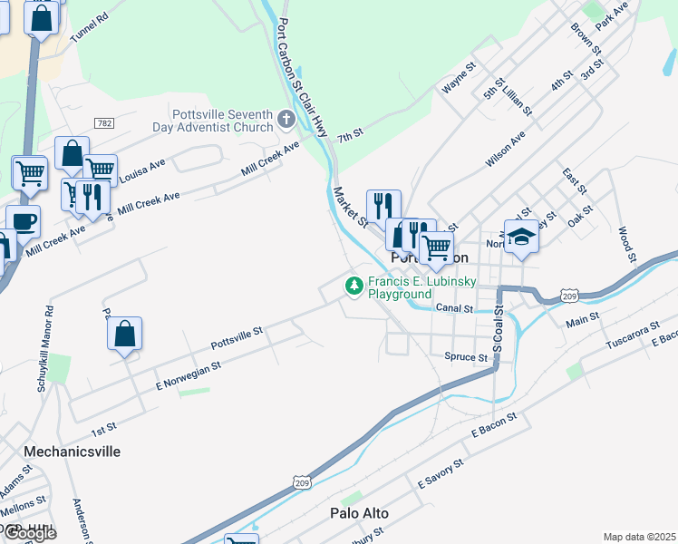 map of restaurants, bars, coffee shops, grocery stores, and more near 114 4th Street in Port Carbon