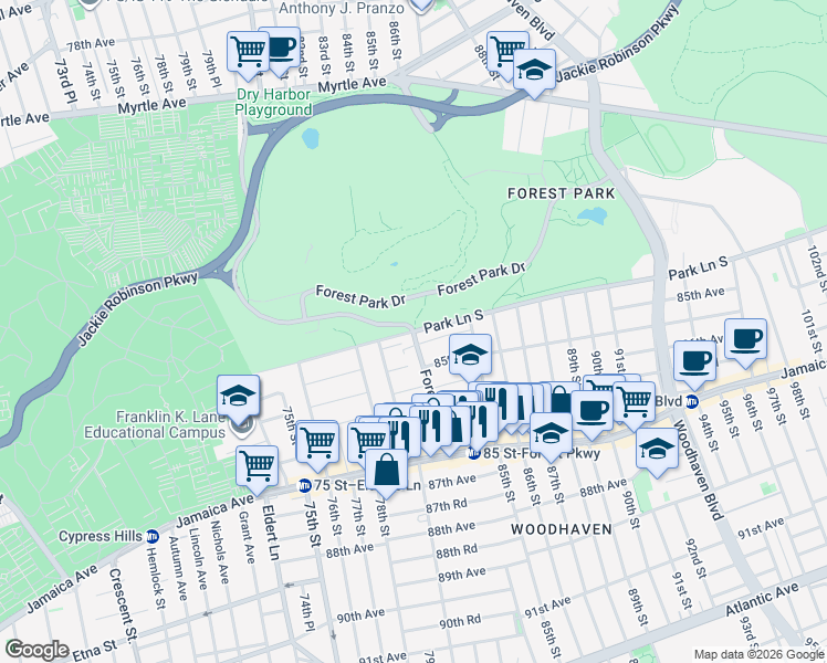 map of restaurants, bars, coffee shops, grocery stores, and more near Park Lane South & Forest Parkway in Queens