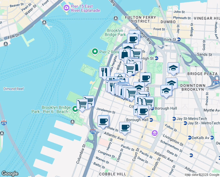 map of restaurants, bars, coffee shops, grocery stores, and more near 152 Willow Street in Brooklyn