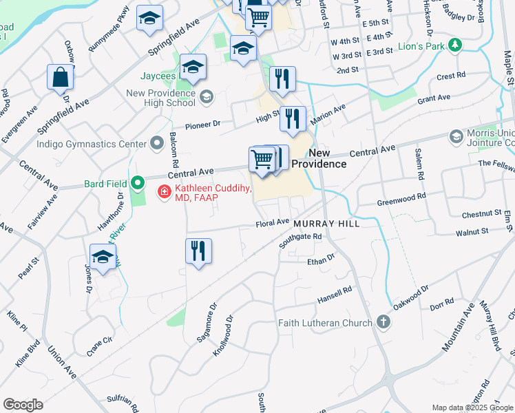 map of restaurants, bars, coffee shops, grocery stores, and more near 1 Murray Hill Square in New Providence