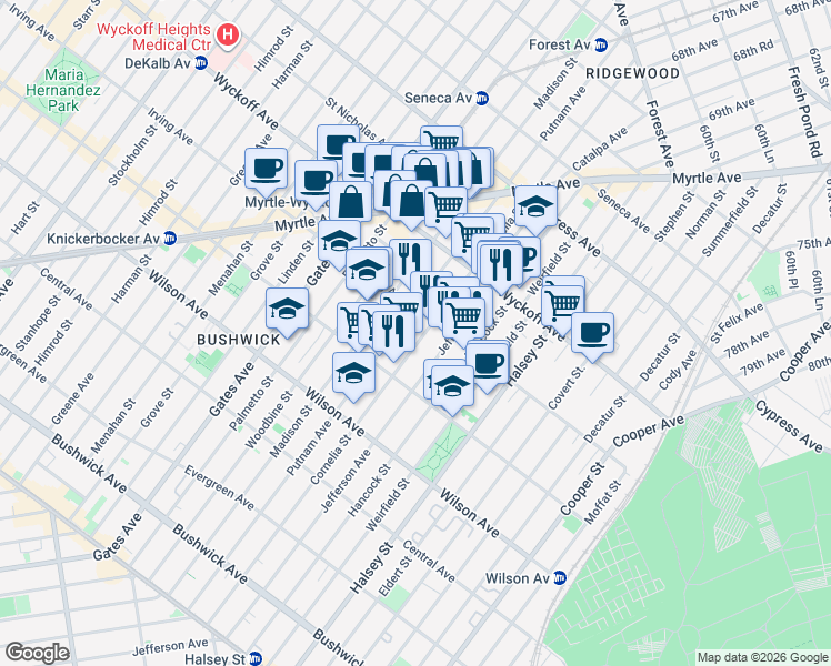 map of restaurants, bars, coffee shops, grocery stores, and more near 429 Irving Avenue in Brooklyn