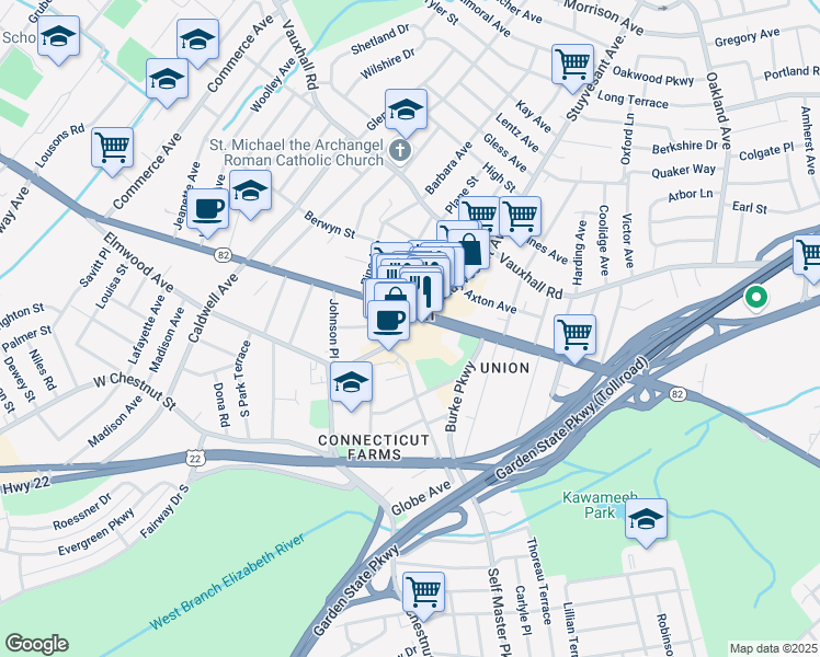 map of restaurants, bars, coffee shops, grocery stores, and more near in Union