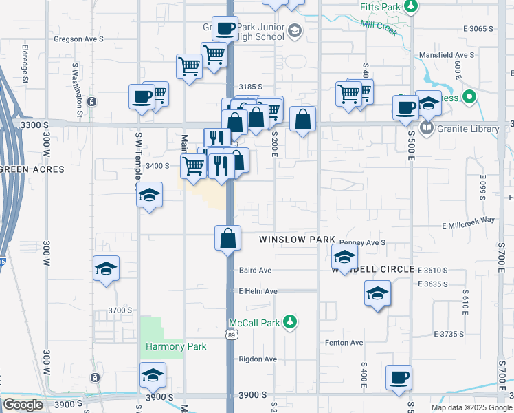 map of restaurants, bars, coffee shops, grocery stores, and more near 3464 Forres Court in South Salt Lake