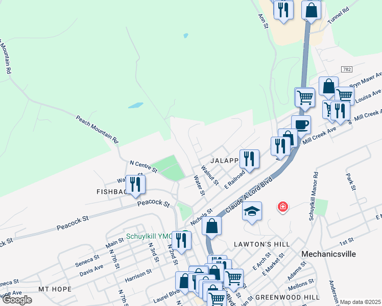 map of restaurants, bars, coffee shops, grocery stores, and more near 808 Water Street in Pottsville