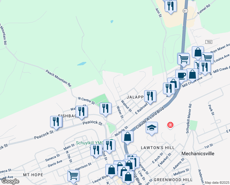 map of restaurants, bars, coffee shops, grocery stores, and more near 808 Water Street in Pottsville