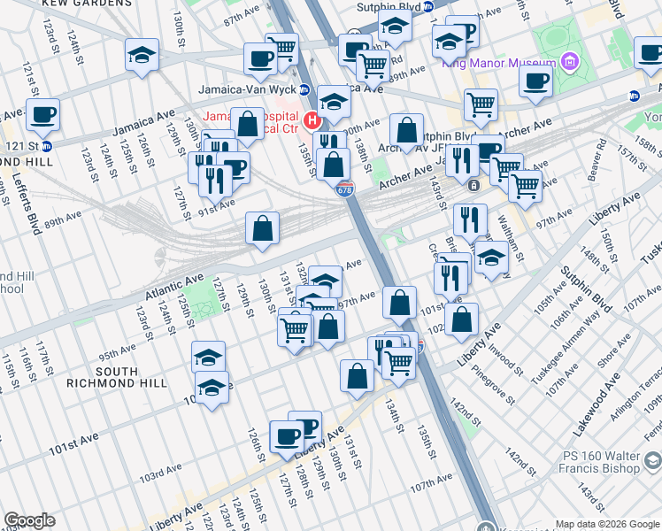 map of restaurants, bars, coffee shops, grocery stores, and more near 94-15 134th Street in Queens