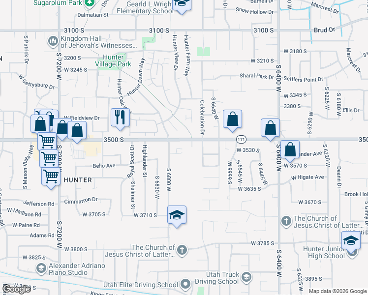 map of restaurants, bars, coffee shops, grocery stores, and more near 6750 West Judys Farm Lane in West Valley City