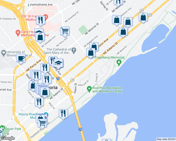 map of restaurants, bars, coffee shops, grocery stores, and more near 245 Green Street in Peoria