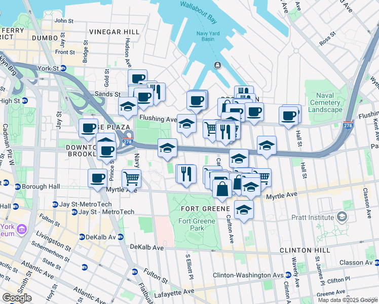 map of restaurants, bars, coffee shops, grocery stores, and more near 108 Park Avenue in Brooklyn