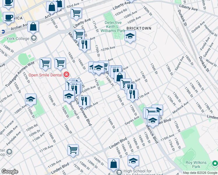 map of restaurants, bars, coffee shops, grocery stores, and more near 109-02 169th Place in Queens