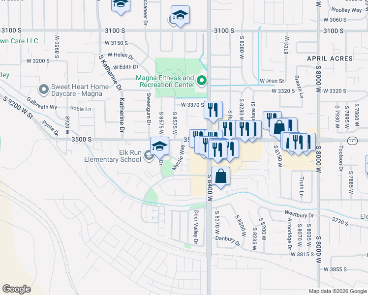 map of restaurants, bars, coffee shops, grocery stores, and more near 3521 Mystic Way in Magna