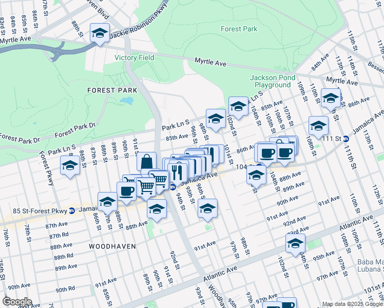 map of restaurants, bars, coffee shops, grocery stores, and more near 94-39 86th Avenue in Queens