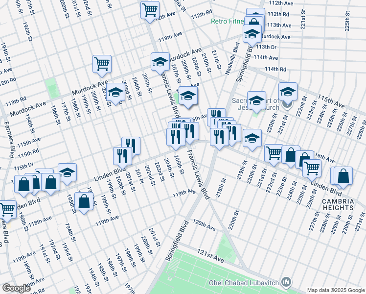 map of restaurants, bars, coffee shops, grocery stores, and more near 18826 Linden Boulevard in Queens