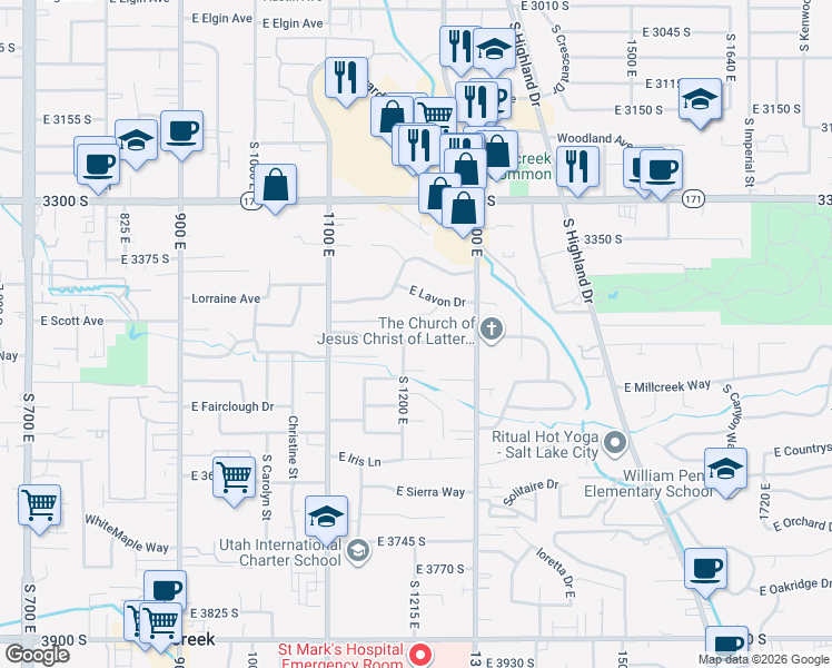 map of restaurants, bars, coffee shops, grocery stores, and more near 1216 East Lavon Circle in Salt Lake City