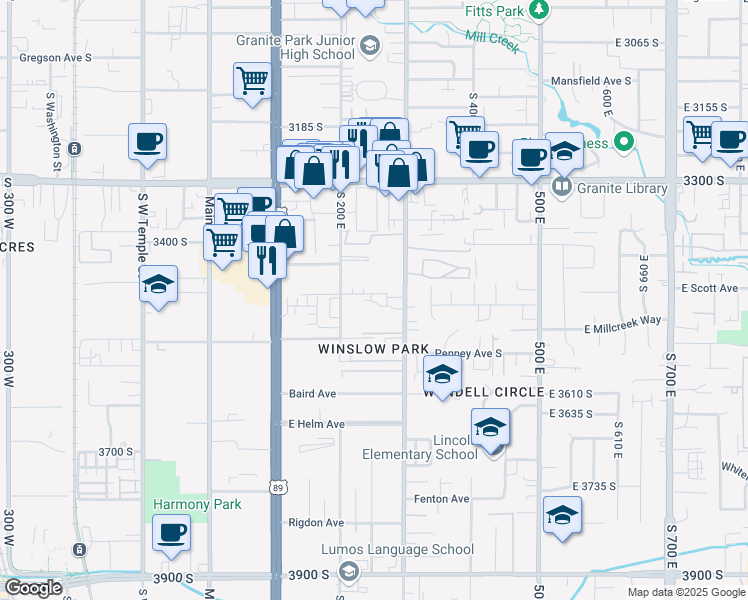 map of restaurants, bars, coffee shops, grocery stores, and more near 3465 South 200 East in South Salt Lake