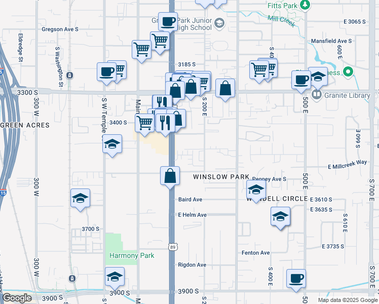map of restaurants, bars, coffee shops, grocery stores, and more near 155 East Majestic Elms Place in South Salt Lake