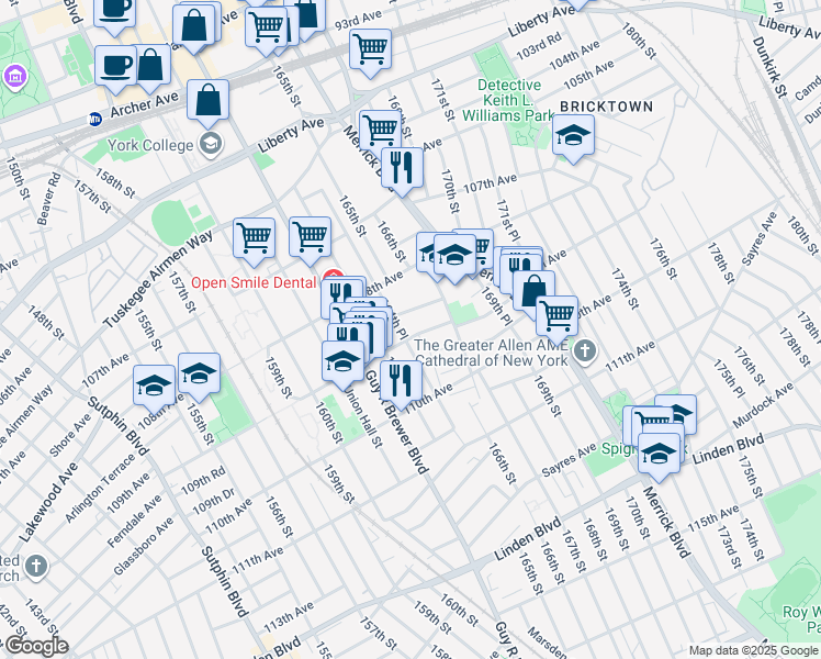 map of restaurants, bars, coffee shops, grocery stores, and more near 16426 108th Drive in Queens