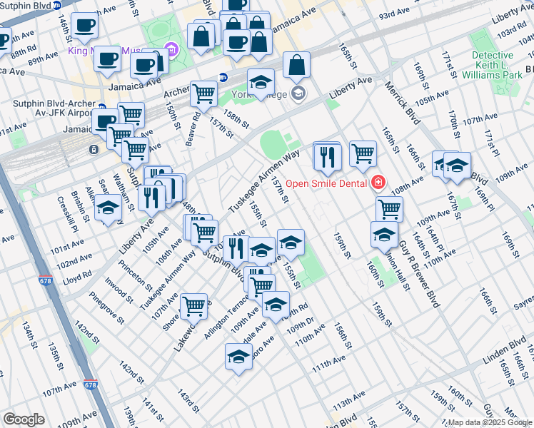 map of restaurants, bars, coffee shops, grocery stores, and more near 106-15 155th Street in Queens