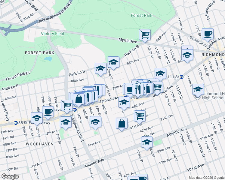 map of restaurants, bars, coffee shops, grocery stores, and more near 85-60 102nd Street in Queens