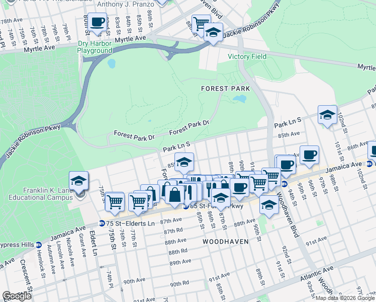 map of restaurants, bars, coffee shops, grocery stores, and more near 8504 Park Lane South in Queens