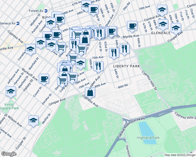 map of restaurants, bars, coffee shops, grocery stores, and more near 60-49 Cooper Avenue in Queens