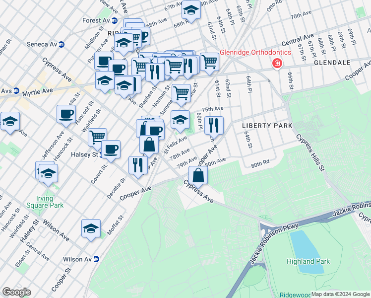 map of restaurants, bars, coffee shops, grocery stores, and more near 5852 Saint Felix Avenue in Queens