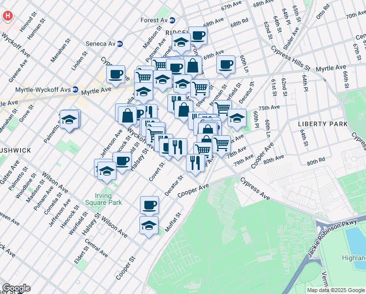 map of restaurants, bars, coffee shops, grocery stores, and more near 16-59 Norman Street in Queens
