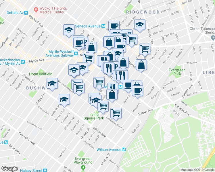 map of restaurants, bars, coffee shops, grocery stores, and more near in Queens