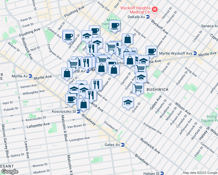 map of restaurants, bars, coffee shops, grocery stores, and more near 80 Stanhope Street in Brooklyn