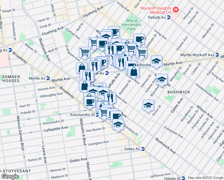 map of restaurants, bars, coffee shops, grocery stores, and more near 57 Stockholm Street in Brooklyn