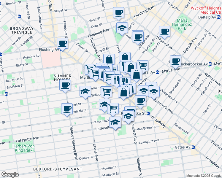 map of restaurants, bars, coffee shops, grocery stores, and more near 12 Ditmars Street in Brooklyn