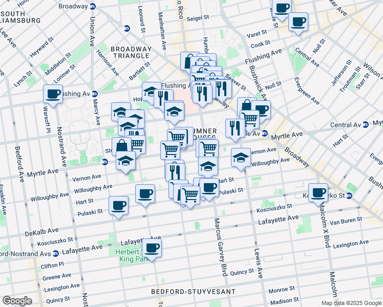 map of restaurants, bars, coffee shops, grocery stores, and more near 987 Myrtle Avenue in Brooklyn