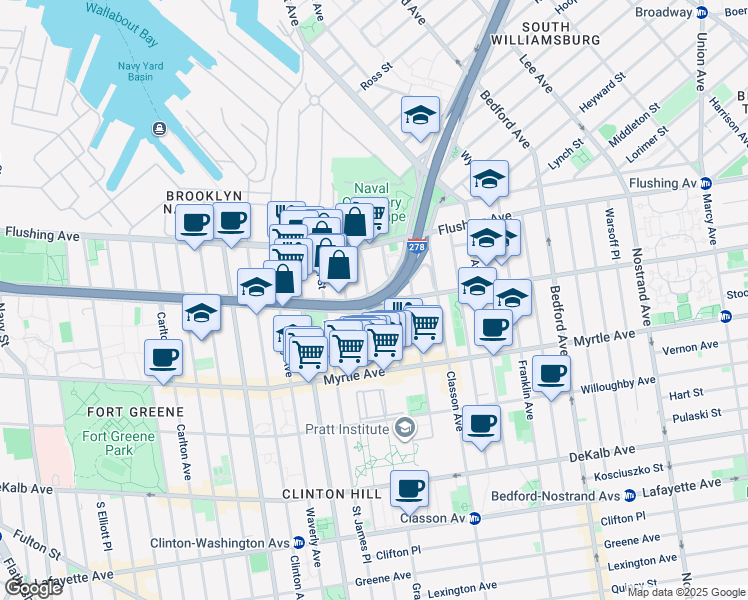 map of restaurants, bars, coffee shops, grocery stores, and more near 35 Ryerson Street in Brooklyn