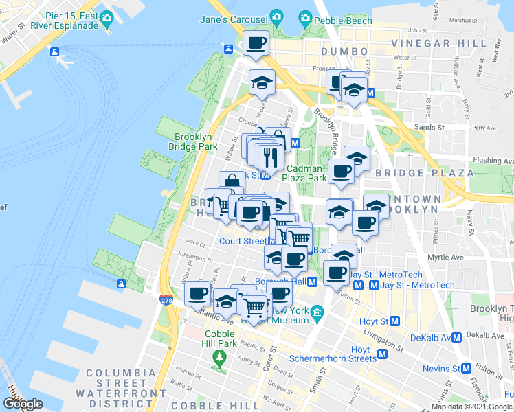map of restaurants, bars, coffee shops, grocery stores, and more near 138 Henry Street in Brooklyn