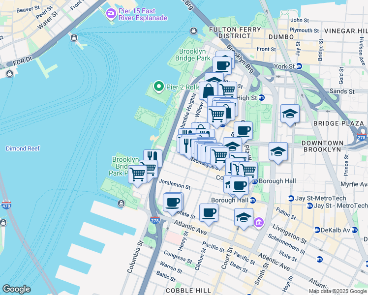 map of restaurants, bars, coffee shops, grocery stores, and more near 152 Willow Street in Brooklyn